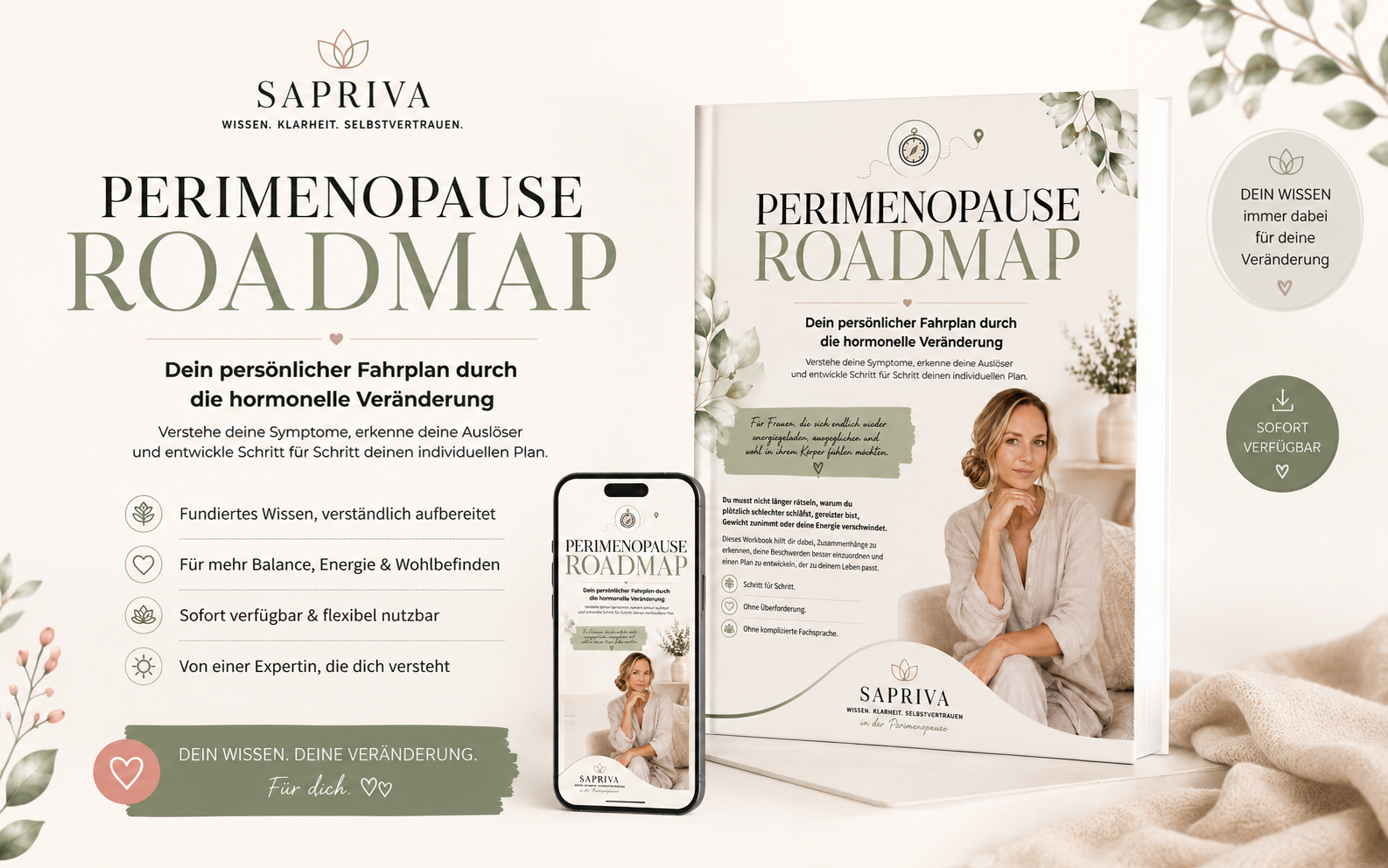 Perimenopause Roadmap Workbook von Sapriva – Workbook und App-Ansicht, dein persönlicher Fahrplan durch die hormonelle Veränderung