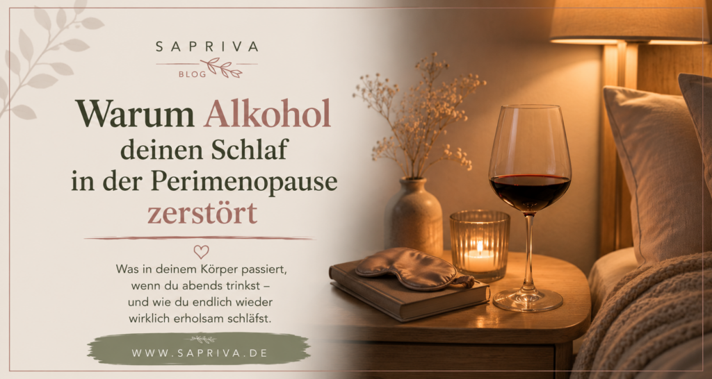 Alkohol Schlaf Perimenopause – ein Glas Rotwein auf einem Nachttisch neben einem unruhig schlafenden Bett, warmes Abendlicht