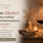 Alkohol Schlaf Perimenopause – ein Glas Rotwein auf einem Nachttisch neben einem unruhig schlafenden Bett, warmes Abendlicht