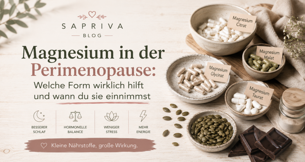 Magnesium Perimenopause – verschiedene Magnesiumformen und natürliche Lebensmittel wie Kürbiskerne und dunkle Schokolade auf einem hellen Holztisch