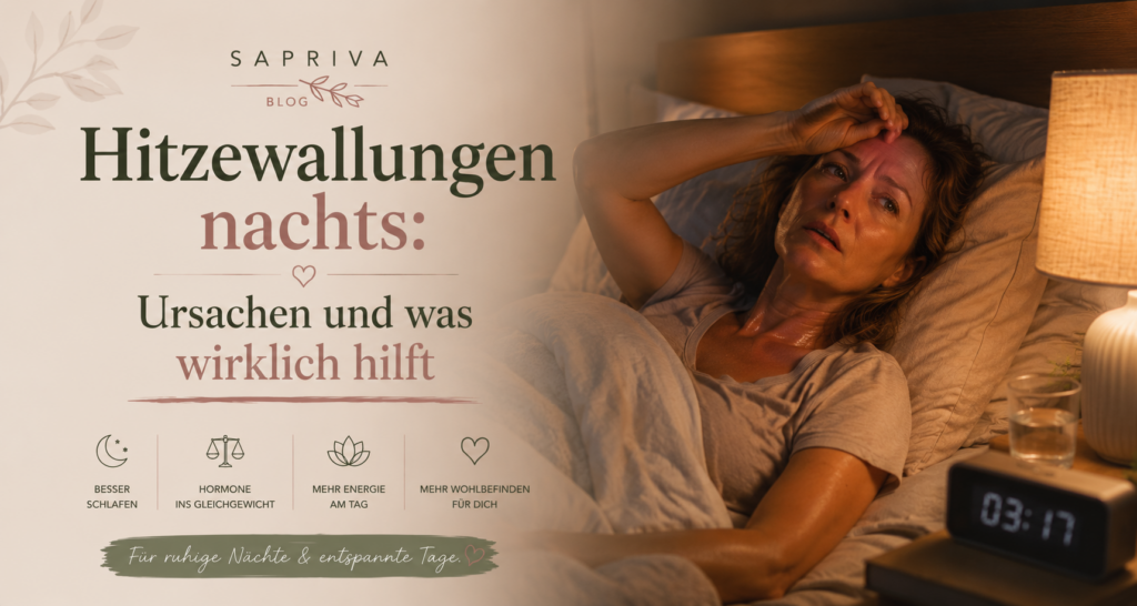 Hitzewallungen nachts Perimenopause – Frau liegt nachts schweißgebadet wach im Bett, warmes Licht, unruhige Schlafszene
