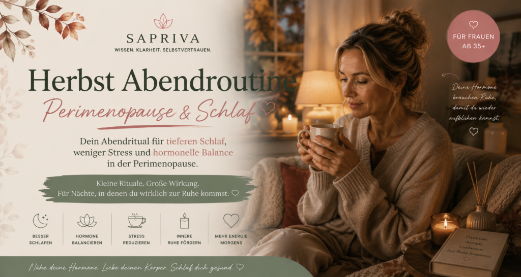 Herbst Abendroutine Perimenopause Schlaf – Frau ab 40 mit warmem Tee und gedimmtem Licht beim Abenditual im Herbst