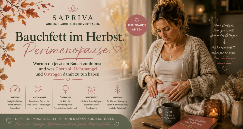 Bauchfett Herbst Perimenopause – Frau ab 40 mit Gewichtszunahme durch Cortisol Lichtmangel und Östrogen