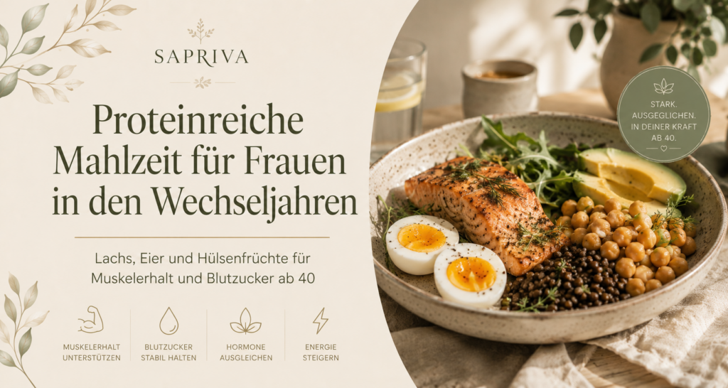 Proteinreiche Mahlzeit für Frauen in der Perimenopause – Lachs, Eier und Hülsenfrüchte für Muskelerhalt und Blutzucker ab 40