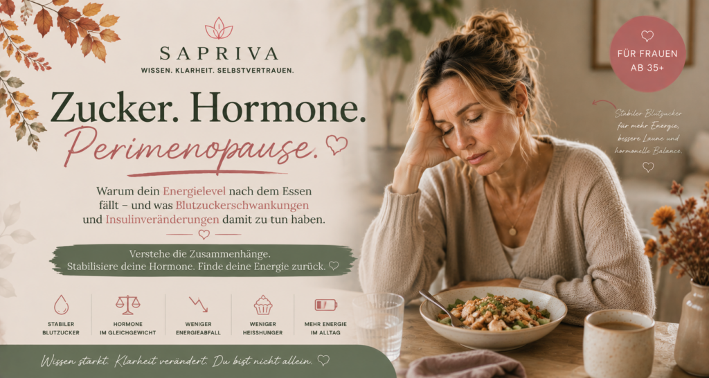Zucker Hormone Perimenopause – Frau ab 40 mit Energieabfall nach dem Essen durch Blutzuckerschwankungen und Insulinveränderungen