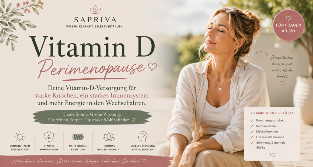 Vitamin D Perimenopause – Frau ab 40 an der Sonne, Vitamin-D-Versorgung für Knochen und Immunsystem in den Wechseljahren