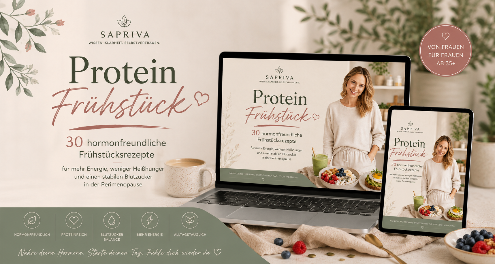 Sapriva Protein Frühstück – 30 hormonfreundliche Frühstücksrezepte, dargestellt auf Laptop und Tablet