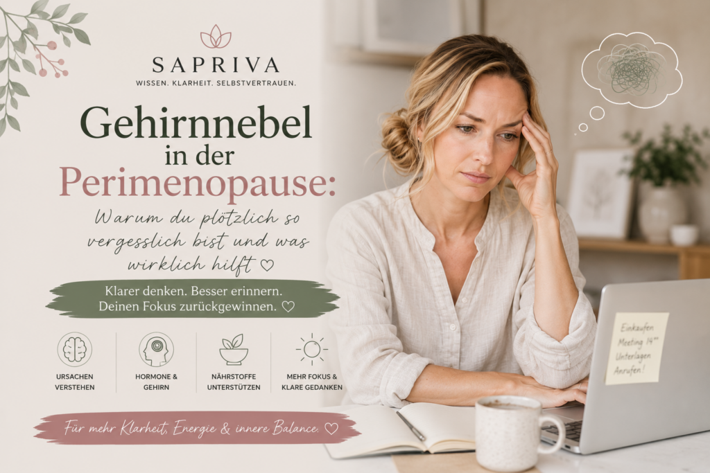 Frau ab 40 unkonzentriert am Schreibtisch – Gehirnnebel in der Perimenopause verstehen und behandeln