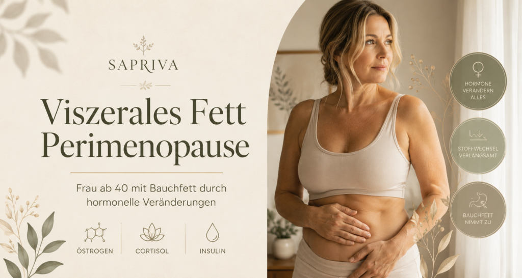 Viszerales Fett Perimenopause – Frau ab 40 mit Bauchfett durch hormonelle Veränderungen Östrogen Cortisol Insulin
