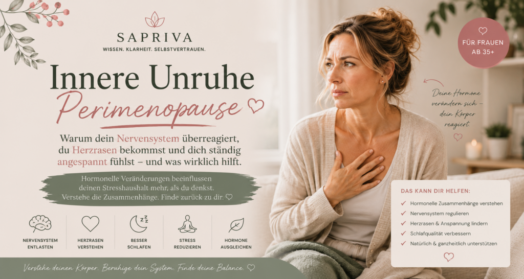Innere Unruhe Perimenopause – Frau ab 40 mit Herzrasen und Anspannung durch hormonelle Veränderungen im Nervensystem