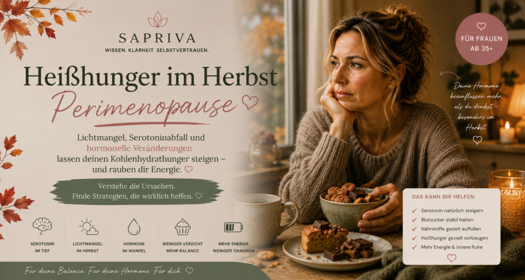 Heißhunger im Herbst Perimenopause – Frau ab 40 mit Kohlenhydrathunger durch Lichtmangel Serotonin und Hormone