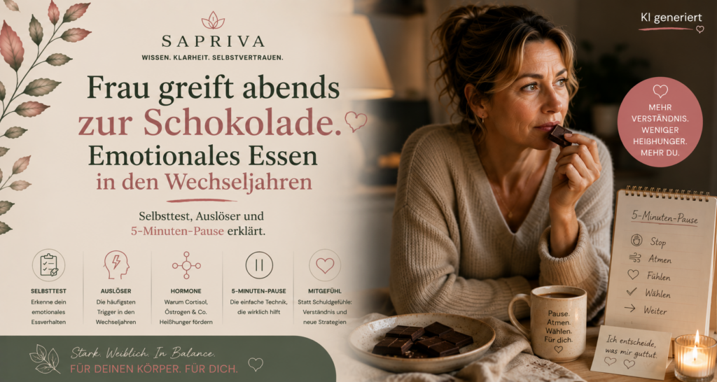 Frau greift abends zur Schokolade. Emotionales Essen in den Wechseljahren – Selbsttest, Auslöser und 5-Minuten-Pause erklärt