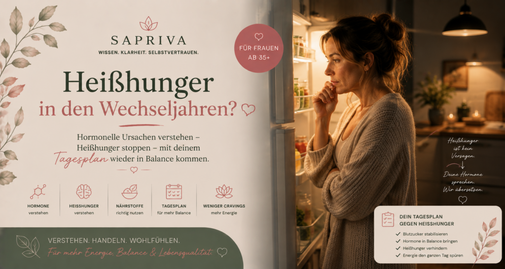 Frau steht abends vor dem Kühlschrank in den Wechseljahren – Heißhunger hormonelle Ursachen und Tagesplan erklärt